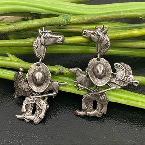 Unique Vintage Pewter Western Horse Saddle Cowboy Hat Boots Gun Charms Earrings